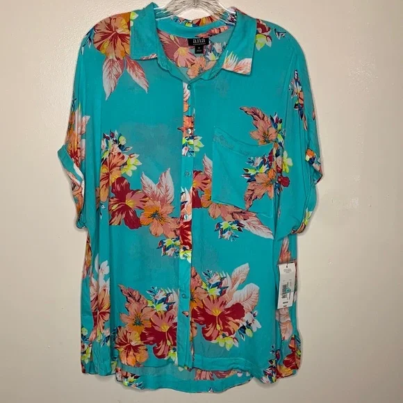 ANA Oversized Button Up Shirt Aqua & Peach Floral Hawaiian Dolman Sleeve Medium - Picture 13 of 14